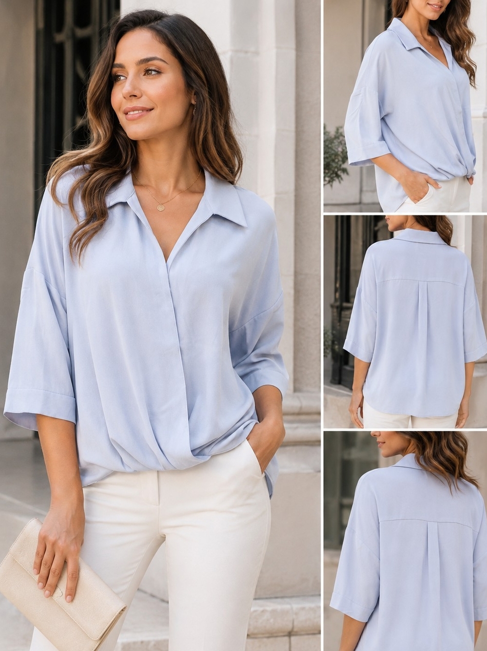 Calvin Klein Light Blue Draped Collar 3/4 Sleeve Blouse Size L NWT